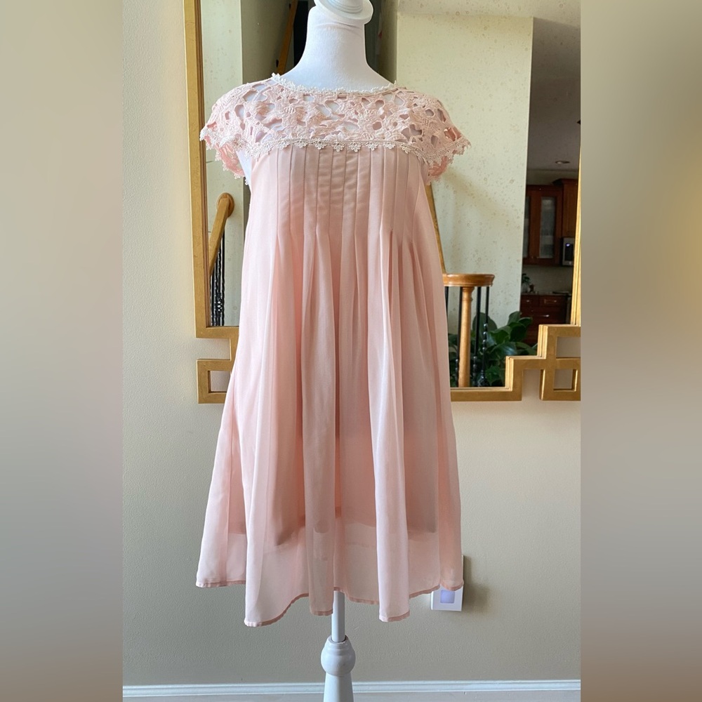 Altar’d State Pink Chiffon Lace Babydoll Mini Dress Crochet Yoke sz Small